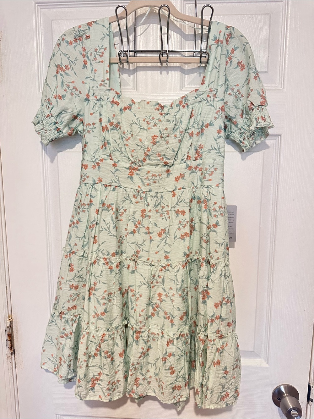 mine Mint Green Floral Tiered Puff-Sleeve Dress with Coral Flowers